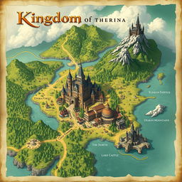 A beautifully illustrated fantasy map of the Kingdom of Merina, featuring the following locations: the capital city of Valente, showcasing a grand castle surrounded by a thriving village and bustling marketplaces