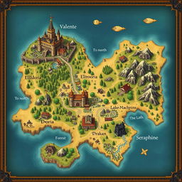 A beautifully illustrated fantasy map of the Kingdom of Merina, featuring the following locations: the capital city of Valente, showcasing a grand castle surrounded by a thriving village and bustling marketplaces