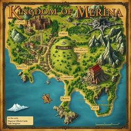 A beautifully illustrated fantasy map of the Kingdom of Merina, featuring the following locations: the capital city of Valente, showcasing a grand castle surrounded by a thriving village and bustling marketplaces