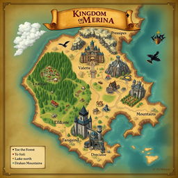 A beautifully illustrated fantasy map of the Kingdom of Merina, featuring the following locations: the capital city of Valente, showcasing a grand castle surrounded by a thriving village and bustling marketplaces