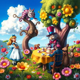 A whimsical and colorful scene depicting Alice's adventures in Wonderland, featuring a vibrant landscape filled with oversized flowers, peculiar creatures, and a fantastical tea party