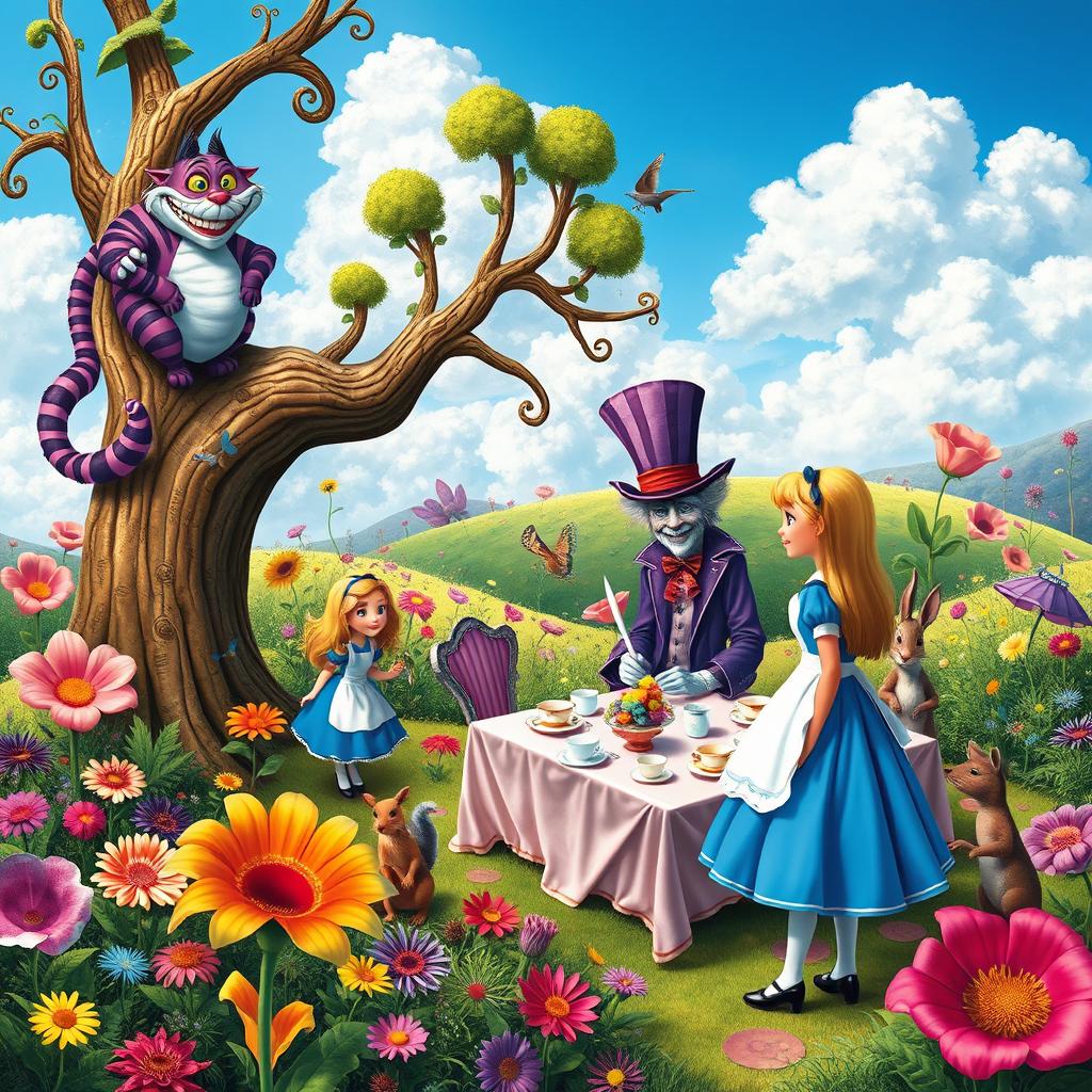 A whimsical and colorful scene depicting Alice's adventures in Wonderland, featuring a vibrant landscape filled with oversized flowers, peculiar creatures, and a fantastical tea party