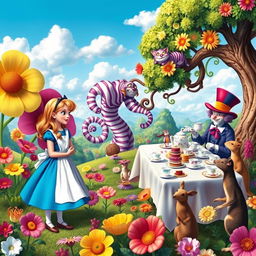 A whimsical and colorful scene depicting Alice's adventures in Wonderland, featuring a vibrant landscape filled with oversized flowers, peculiar creatures, and a fantastical tea party