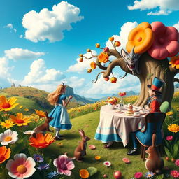 A whimsical and colorful scene depicting Alice's adventures in Wonderland, featuring a vibrant landscape filled with oversized flowers, peculiar creatures, and a fantastical tea party