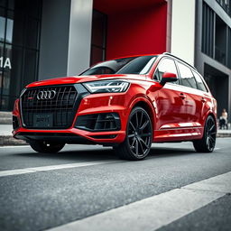 A striking image of a red Audi Q7 equipped with stylish 21-inch black wheels, showcasing the perfect blend of luxury and sportiness