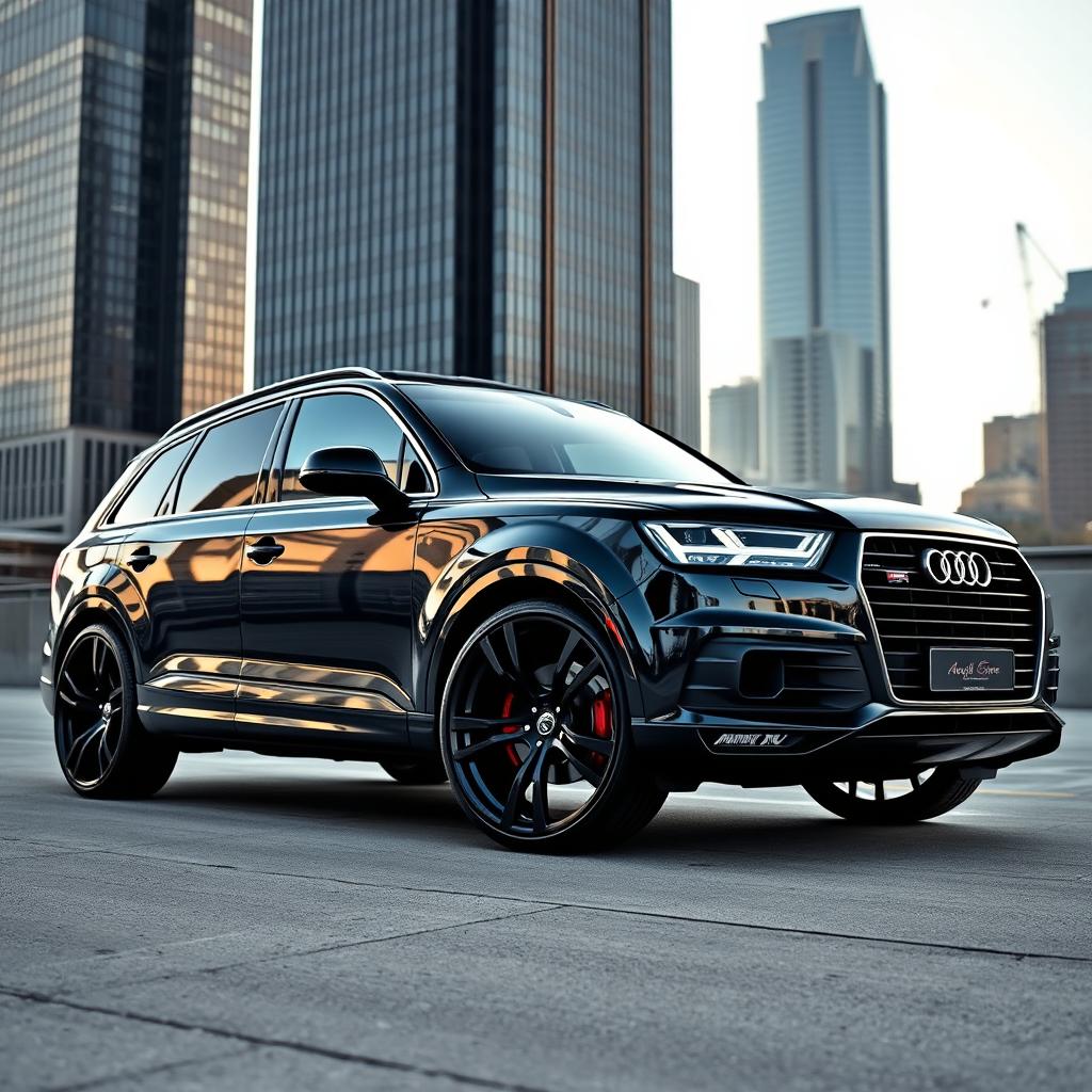 An impressive image of a black Audi Q7 fitted with sporty 22-inch black wheels, radiating an aggressive and luxurious presence