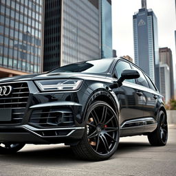 An impressive image of a black Audi Q7 fitted with sporty 22-inch black wheels, radiating an aggressive and luxurious presence