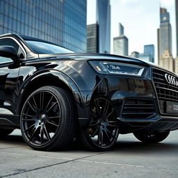 An impressive image of a black Audi Q7 fitted with sporty 22-inch black wheels, radiating an aggressive and luxurious presence