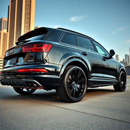 An impressive image of a black Audi Q7 fitted with sporty 22-inch black wheels, radiating an aggressive and luxurious presence