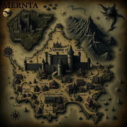 A dark fantasy map of the Kingdom of Merina featuring the capital city named Valente, which has a large castle and a bustling village with commerce surrounding it