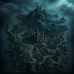 A dark fantasy map of the Kingdom of Merina featuring the capital city named Valente, which has a large castle and a bustling village with commerce surrounding it