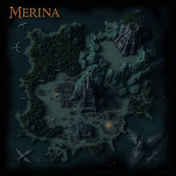 A dark fantasy map of the Kingdom of Merina featuring the capital city named Valente, which has a large castle and a bustling village with commerce surrounding it