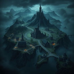 A dark fantasy map of the Kingdom of Merina featuring the capital city named Valente, which has a large castle and a bustling village with commerce surrounding it