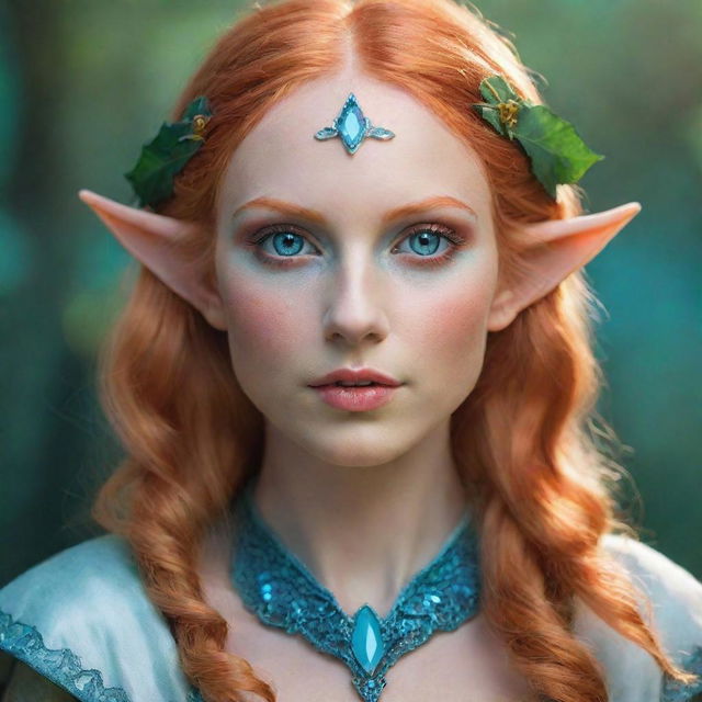 A high fantasy female elf with radiant strawberry blonde hair and captivating turquoise eyes.