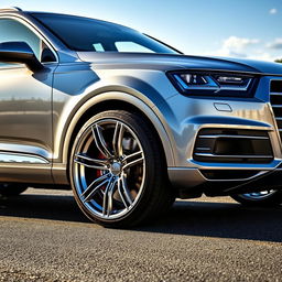 A captivating image of a silver Audi Q7 equipped with 20-inch silver wheels, exuding sophistication and elegance