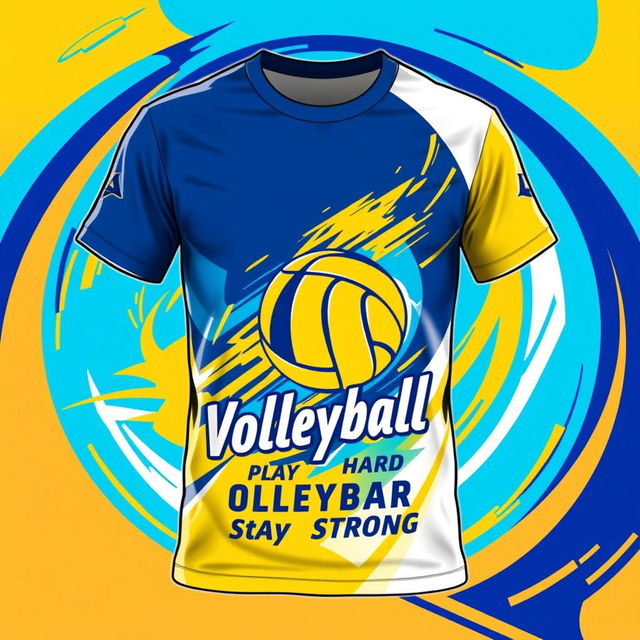 A vibrant and dynamic volleyball t-shirt design featuring a stylized volleyball graphic in motion, set against a colorful background that conveys energy and excitement