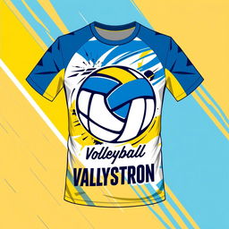 A vibrant and dynamic volleyball t-shirt design featuring a stylized volleyball graphic in motion, set against a colorful background that conveys energy and excitement