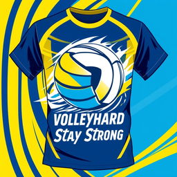 A vibrant and dynamic volleyball t-shirt design featuring a stylized volleyball graphic in motion, set against a colorful background that conveys energy and excitement