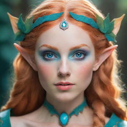 A high fantasy female elf with radiant strawberry blonde hair and captivating turquoise eyes.