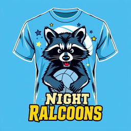 A volleyball t-shirt design for a team called 'Night Raccoons', featuring a cute yet fierce raccoon mascot prominently displayed on the front