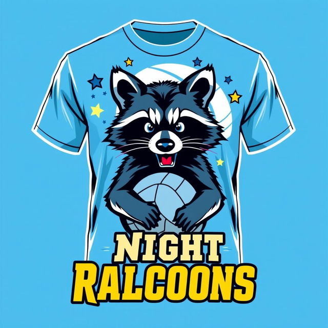 A volleyball t-shirt design for a team called 'Night Raccoons', featuring a cute yet fierce raccoon mascot prominently displayed on the front