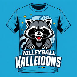 A volleyball t-shirt design for a team called 'Night Raccoons', featuring a cute yet fierce raccoon mascot prominently displayed on the front