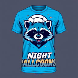 A volleyball t-shirt design for a team called 'Night Raccoons', featuring a cute yet fierce raccoon mascot prominently displayed on the front