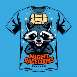 A volleyball t-shirt design for a team called 'Night Raccoons', featuring a cute yet fierce raccoon mascot prominently displayed on the front