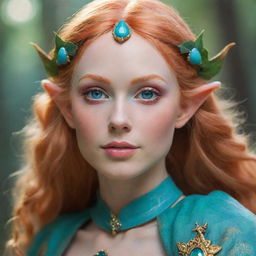 A high fantasy female elf with radiant strawberry blonde hair and captivating turquoise eyes.