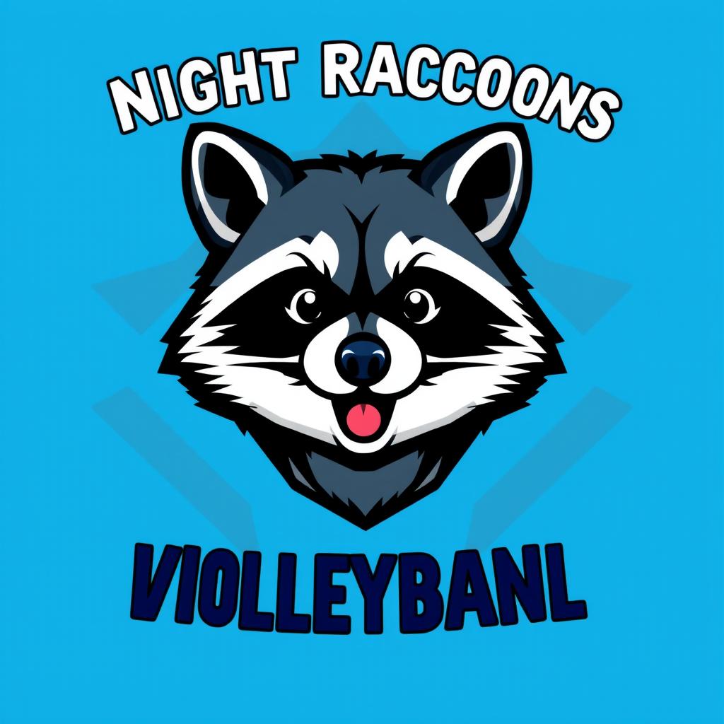 A volleyball t-shirt design for a team called 'Night Raccoons', featuring only the head of an adorable raccoon mascot prominently displayed in the center