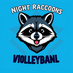 A volleyball t-shirt design for a team called 'Night Raccoons', featuring only the head of an adorable raccoon mascot prominently displayed in the center