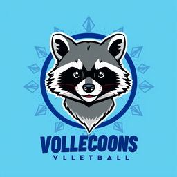 A volleyball t-shirt design for a team called 'Night Raccoons', featuring only the head of an adorable raccoon mascot prominently displayed in the center