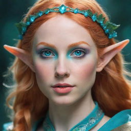 A high fantasy female elf with radiant strawberry blonde hair and captivating turquoise eyes.