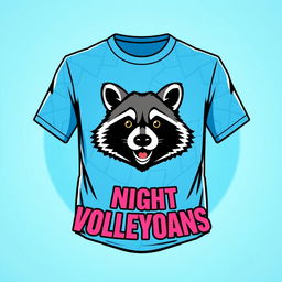 A volleyball t-shirt design featuring the team 'Night Raccoons', displaying only the head of a charming raccoon mascot at the center