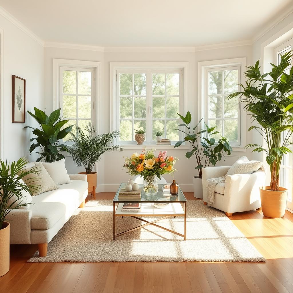 A delightful and airy interior of a light living room, showcasing a soft, comfortable bench and a stylish sofa that invite relaxation