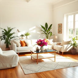 A delightful and airy interior of a light living room, showcasing a soft, comfortable bench and a stylish sofa that invite relaxation