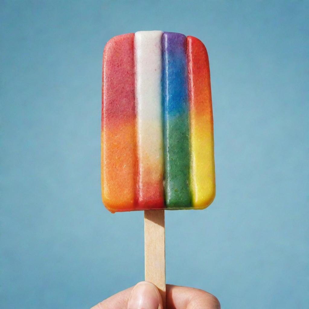 An intricate hand-shaped popsicle, adorned with realistic details and vibrant colors, melting slightly on a sunny day, held by a wooden stick.