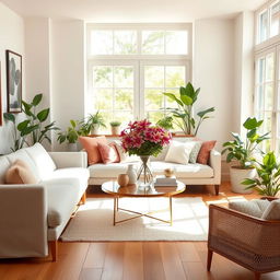 A delightful and airy interior of a light living room, showcasing a soft, comfortable bench and a stylish sofa that invite relaxation