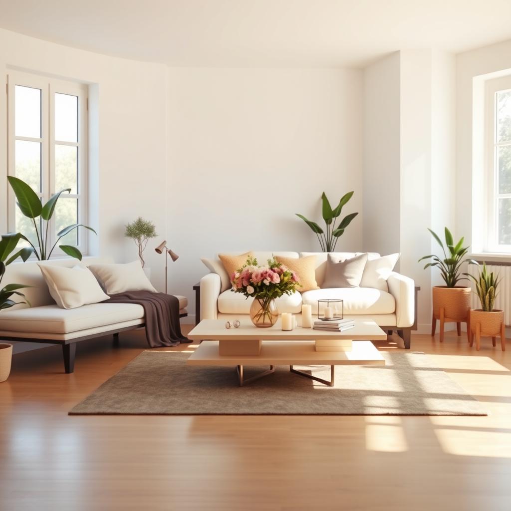 A serene and inviting interior of a light living room, showcasing a soft, cushioned bench alongside a stylish and comfortable sofa, designed for relaxation