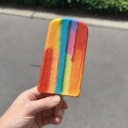 An intricate hand-shaped popsicle, adorned with realistic details and vibrant colors, melting slightly on a sunny day, held by a wooden stick.