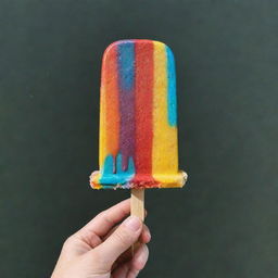 An intricate hand-shaped popsicle, adorned with realistic details and vibrant colors, melting slightly on a sunny day, held by a wooden stick.