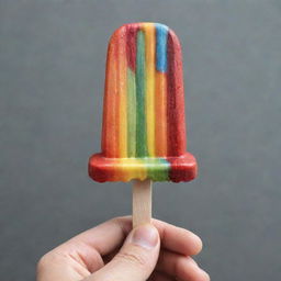 An intricate hand-shaped popsicle, adorned with realistic details and vibrant colors, melting slightly on a sunny day, held by a wooden stick.