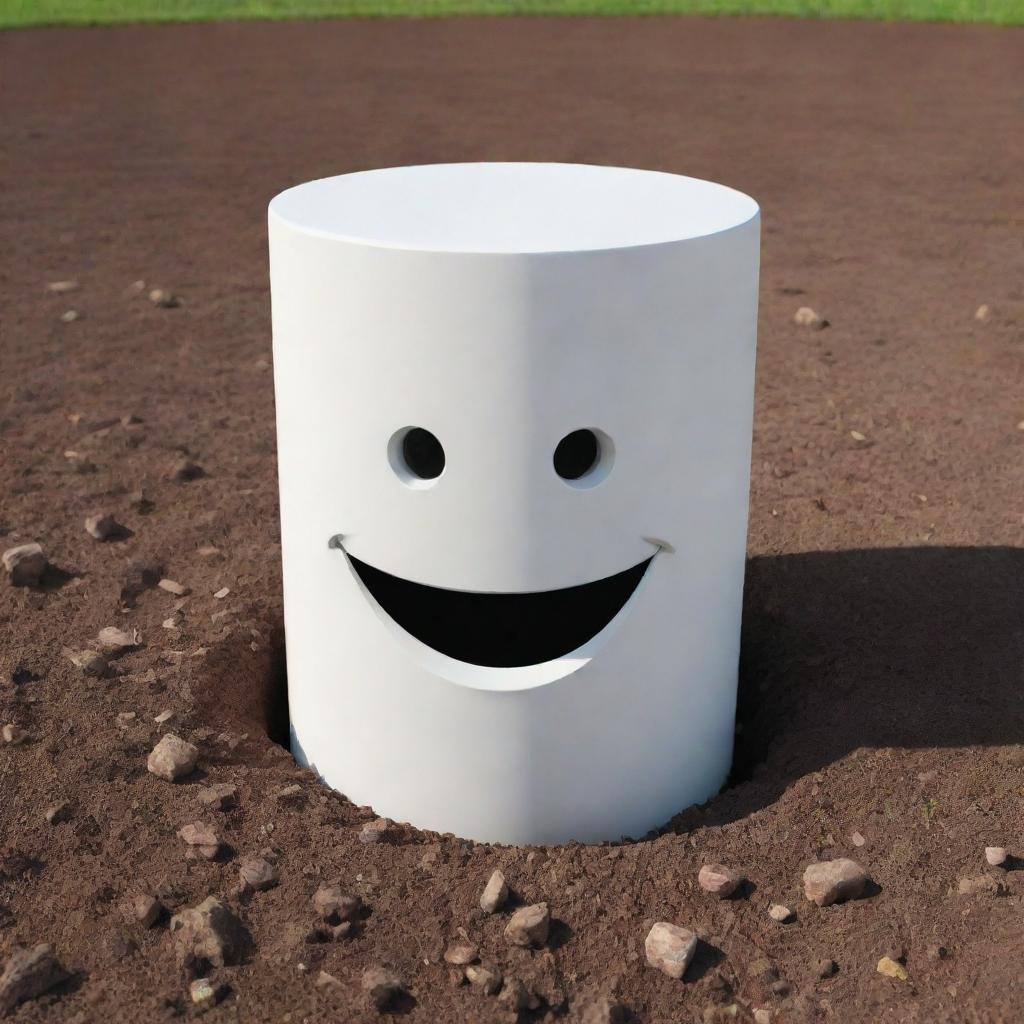 A whimsical 3D image of a white cylinder partially embedded in the ground, sporting a friendly, carved-out smile.