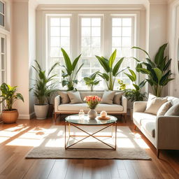 A beautifully designed interior of a light living room featuring a soft, inviting bench and a cozy sofa