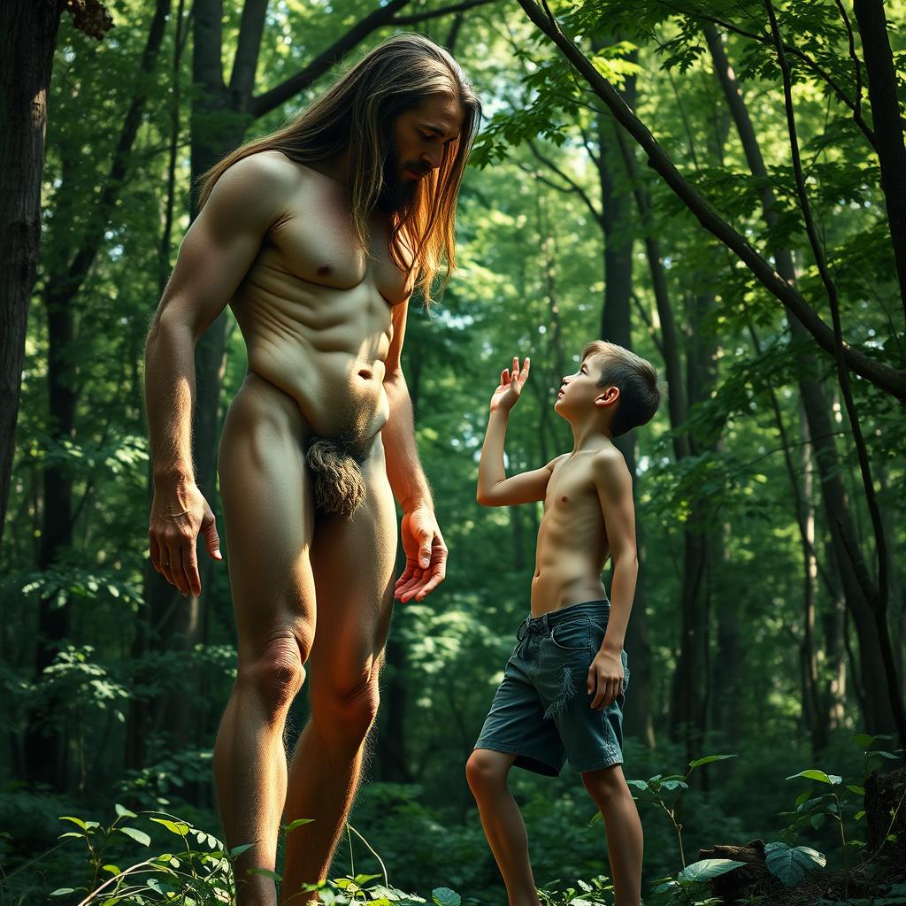 In a mystical forest setting, a handsome, emaciated giant man with long flowing hair and prominent ribs and obliques stands tall, completely naked