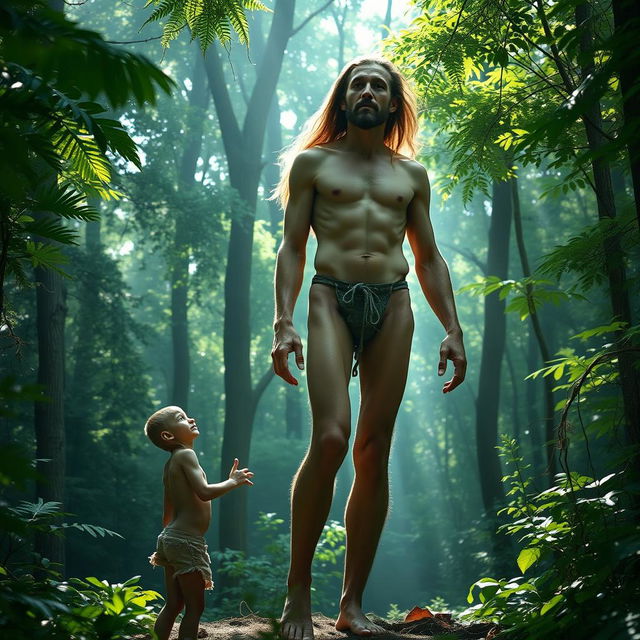 In a mystical forest setting, a handsome, emaciated giant man with long flowing hair and prominent ribs and obliques stands tall, completely naked