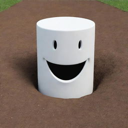 A whimsical 3D image of a white cylinder partially embedded in the ground, sporting a friendly, carved-out smile.