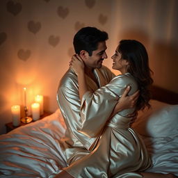 An elegant and sensual scene featuring a couple in an intimate embrace, surrounded by soft candlelight and satin sheets