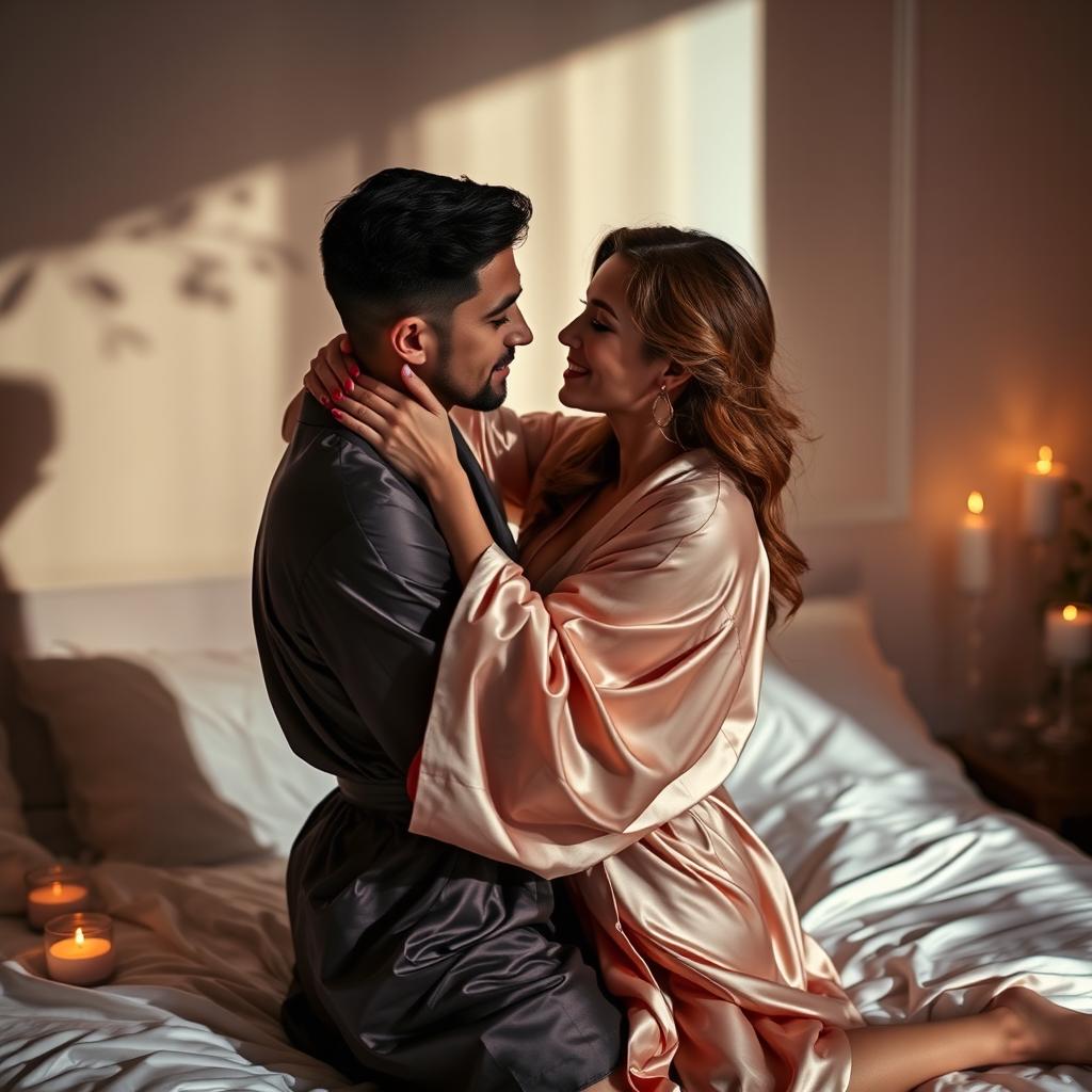 An elegant and sensual scene featuring a couple in an intimate embrace, surrounded by soft candlelight and satin sheets