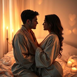 An elegant and sensual scene featuring a couple in an intimate embrace, surrounded by soft candlelight and satin sheets